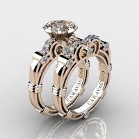Art Masters Caravaggio 14K Rose Gold 1.0 Ct Champagne and White Diamond Engagement Ring Wedding Band Set R623S-14KRGDCHD