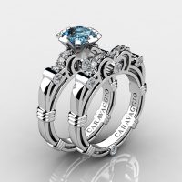Art Masters Caravaggio 14K White Gold 1.0 Ct Aquamarine Diamond Engagement Ring Wedding Band Set R623S-14KWGDAQ