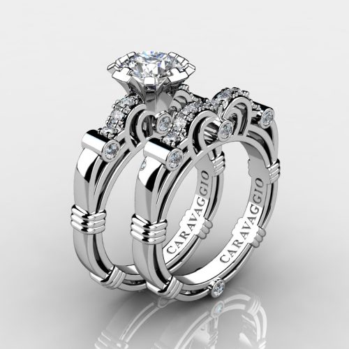 Art Masters Caravaggio 14K White Gold 1.0 Ct White Sapphire Diamond Engagement Ring Wedding Band Set R623S-14KWGDWS