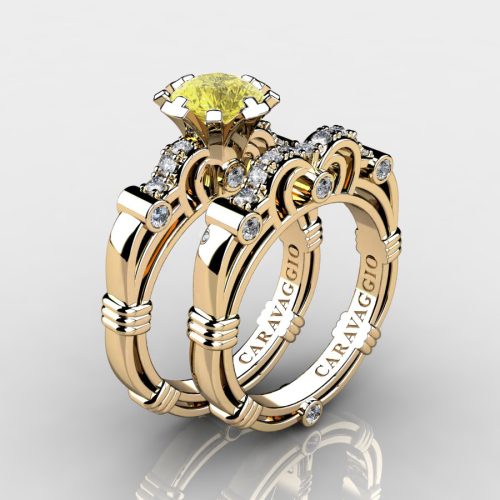 Art Masters Caravaggio 14K Yellow Gold 1.0 Ct Yellow Topaz Diamond Engagement Ring Wedding Band Set R623S-14KYGDYT