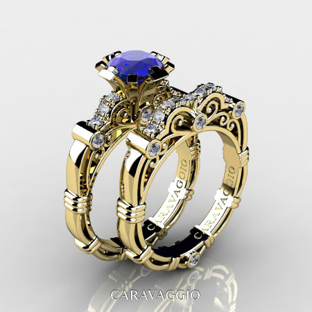 Art Masters Caravaggio 18K Yellow Gold 1.0 Ct Blue Sapphire Diamond Engagement Ring Wedding Band Set R623S-18KYGDBS