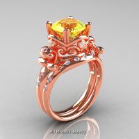 Art Masters Vintage 14K Rose Gold 3.0 Ct Yellow Sapphire Diamond Wedding Ring Set R167S-14KRGDYS