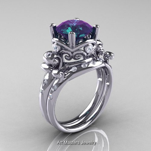 Art Masters Vintage 14K White Gold 3.0 Ct Alexandrite Diamond Wedding Ring Set R167S-14KWGDAL