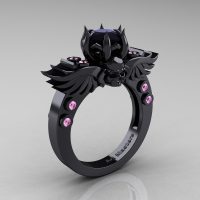 Art Masters Classic Winged Skull 14K Black Gold 1.0 Ct Black Diamond Light Pink Sapphire Solitaire Engagement Ring R613-14KBGLPSBD Perspective