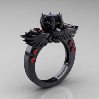 Art Masters Classic Winged Skull 14K Black Gold 1.0 Ct Black Diamond Rubies Solitaire Engagement Ring R613-14KBGRBD Perspective