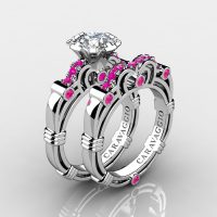 Art Masters Caravaggio 10K White Gold 1.0 Ct White and Pink Sapphire Engagement Ring Wedding Band Set R623S-10KWGPWS