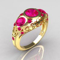 Modern French Vintage 14K Yellow Gold Three Stone Pink Sapphire Designer Ring Y252-14YGRPS-1