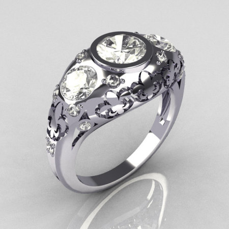 Modern French Vintage 950 Platinum Three Stone CZ Pave Diamond Bridal Ring Y252-PLATDCZ-1