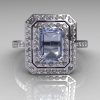 Modern 14K White Gold 1.0 CT Emerald Cut Blue Topaz 0.40 CTW Round Pave Diamond Double Halo Ring R83-14WGDBT-2