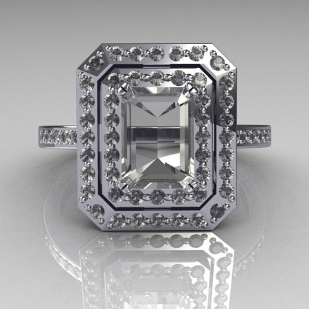 Modern Vintage 950 Platinum 1.0 CT Emerald Cut and Round Pave CZ Double Halo Ring R83-PLATCZ-1
