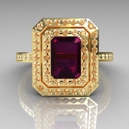 Royal 18K Yellow Gold 1.0 CT Emerald Cut Amethyst Pave Diamond Double Halo Ring R83-18YGDAM-1