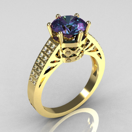 Modern Antique 18K Yellow Gold 1.25 Carat Round Alexandrite Pave Diamond Solitaire Wedding Ring Y233-18KYGDAL-1