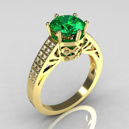 Modern Antique 10K Yellow Gold 1.25 Carat Round Emerald Pave Diamond Solitaire Wedding Ring Y233-10KYGDAL-1