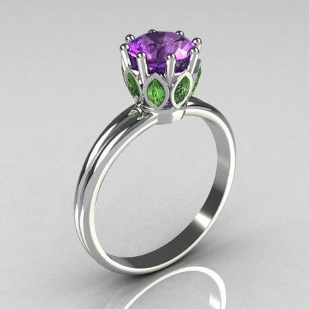 Classic 14K White Gold Marquise Green Sapphire 1.0 CT Round Lilac Amethyst Cocktail Ring R90-14KWGGSLA-1