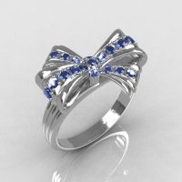 Classic 18 Karat White Gold Round Pave Blue Topaz Stone Ribbon Ring R92-18KWGBT-1