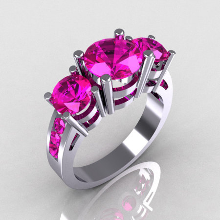 Modern 10K White Gold Three Stone 2.25 Carat Total Round Pink Sapphire Bridal Ring R94-10KWGPS-1