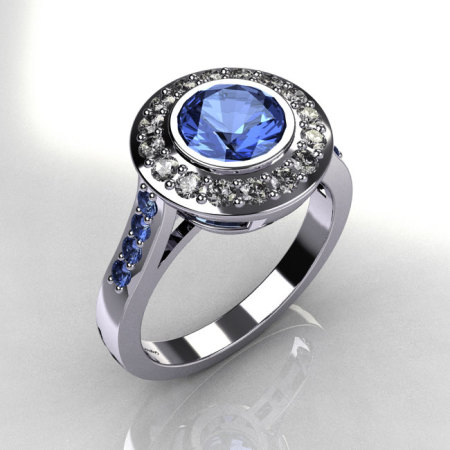 Classic Brilliant Style 10K White Gold 1.0 Carat Round Blue Topaz Diamond Bead-Set Border Engagement Ring R42-10KWGDBTT-1