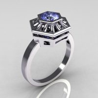 Classic Japan Style 10K White Gold 0.50 Carat Round Blue Topaz Solitaire Ring R97-10KWGBT-1