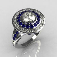 Modern Classic 18K White Gold 1.0 Carat Round CZ Blue Sapphire Diamond Bead-Set Engagement Ring R100-18KWGCZDBSS-1