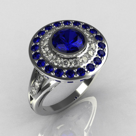 Modern Classic 18K White Gold 1.0 Carat Round Blue Sapphire Diamond Bead-Set Engagement Ring R100-18KWGDBSS-1