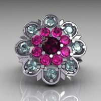 Modern Edwardian 10K White Gold Amethyst Pink Sapphire Aquamarine Cocktail Flower Ring R101-10KWGAMPSAQ-1