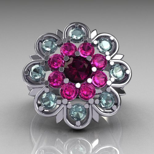Modern Edwardian 10K White Gold Amethyst Pink Sapphire Aquamarine Cocktail Flower Ring R101-10KWGAMPSAQ-1