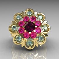 Modern Edwardian 18K Yellow Gold Amethyst Pink Sapphire Aquamarine Cocktail Flower Ring R101-18KYGAMPSAQ-1