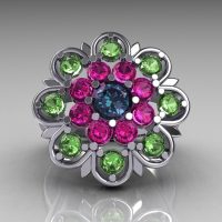 Modern Edwardian 14K White Gold Alexandrite Pink and Green Sapphire Cocktail Flower Ring R101-14KWGALPSGS-1