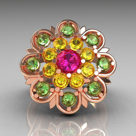 Modern Edwardian 18K Rose Gold Alexandrite Pink and Green Sapphire Cocktail Flower Ring R101-18KRGALPSGS-1