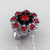 Modern Edwardian 14K White Gold Black Diamond Red Ruby Cocktail Flower Ring R101-14KWGBDRR-2