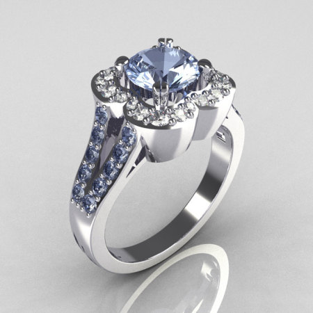 Classic 950 Platinum 1.0 Carat Blue Topaz Diamond Celebrity Fashion Engagement Ring R104-PLATDBT-1