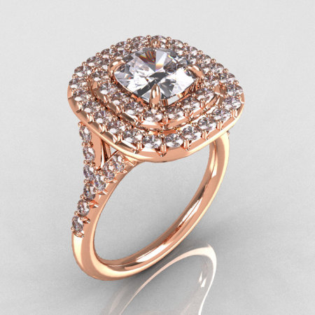 Soleste Style 14K Rose Gold 1.25 Carat Cushion CZ Bead-Set Diamond Engagement Ring R116-14RGDCZ-1