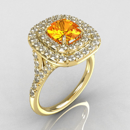 Soleste Style 14K Yellow Gold 1.25 Carat Cushion Citrine Bead-Set Diamond Engagement Ring R116-14YGDCT-1