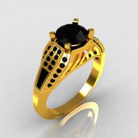 Aztec-Edwardian 22K Yellow Gold 1.0 CT Round and Baguette Black Diamond Engagement Ring MR001-22YGBD-1