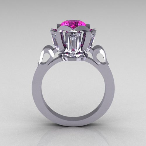 Modern Edwardian 10K White Gold 1.0 Carat Pink White Sapphire Baguette Cocktail Wedding Ring R305-10WGPWS-1