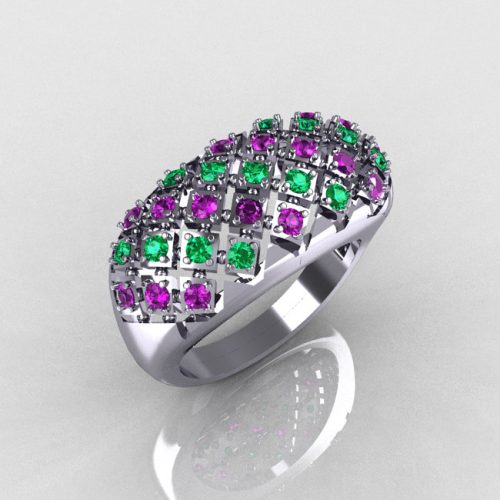 Modern Antique 10K White Gold 0.58 CTW Round Amethyst Emerald Designer Cocktail Ring R126-10WGAMEM-1