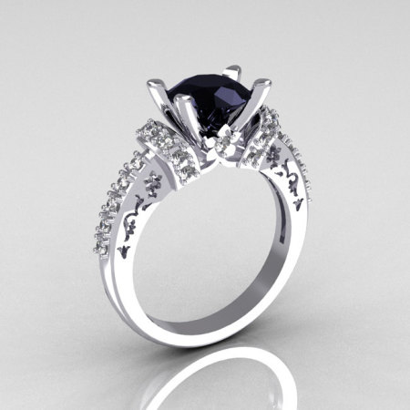 Modern Armenian Classic 14K White Gold 1.5 Carat Black and White Diamond Solitaire Wedding Ring R137-14WGDBL-1