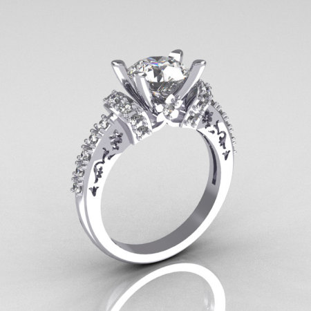 Modern Armenian Classic 14K White Gold 1.5 Carat White Sapphire Diamond Solitaire Wedding Ring R137-14WGDWS-1