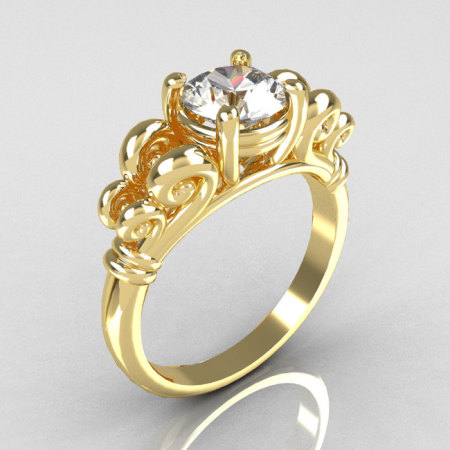Modern Antique 10K Yellow Gold 1.0 Carat Round White Sapphire Designer Solitaire Ring R141-10YGWS-1