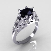 Modern Edwardian 14K White Gold 1.0 Carat Oval Black Diamond Bridal Ring R147-14WGDBD-1