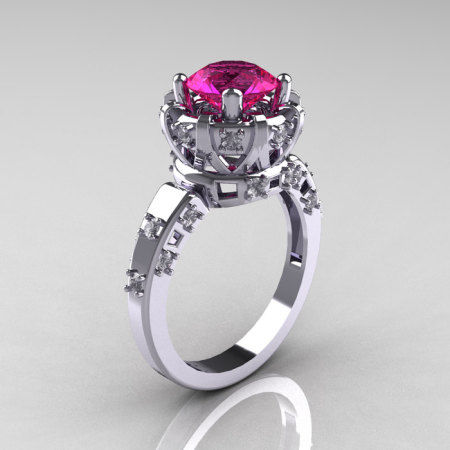 Modern Antique 14K White Gold 1.5 Carat Pink Sapphire Diamond Classic Armenian Solitaire Wedding Ring AR107-14KWGDPS-1