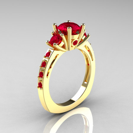Classic French Bridal 18K Yellow Gold Three Stone 1.0 Carat Ruby Engagement Ring AR112-18KYGRRU-1