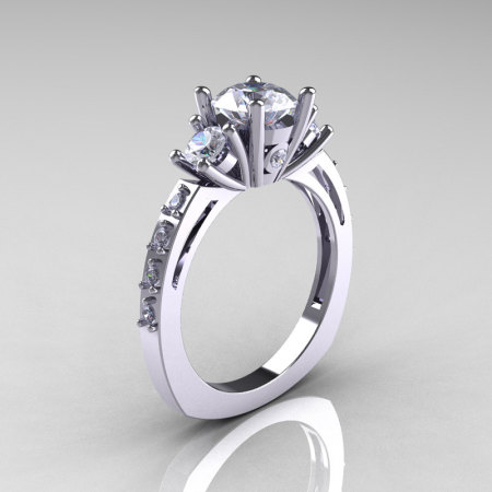 Classic French Bridal 14K White Gold Three Stone 1.0 Carat CZ Diamond Engagement Ring AR112-14KWGDCZ-1
