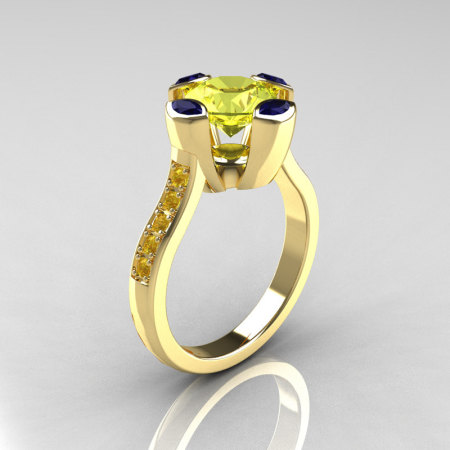 Modern Classic 14K Yellow Gold 1.5 Carat Yellow Diamond Marquise Blue Sapphire Solitaire Ring AR121-14YGBSYDD-1