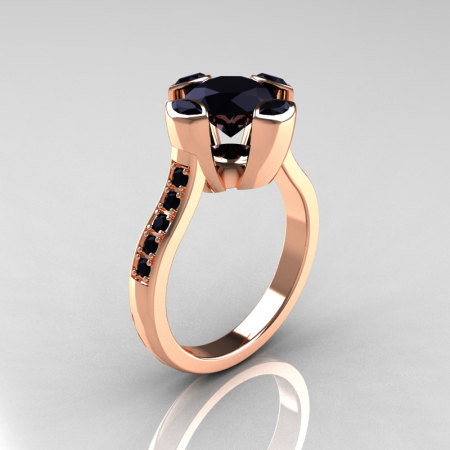 Modern Classic 14K Rose Gold 1.5 Carat Round and Marquise Black Diamond Solitaire Ring AR121-14RGBDD-1