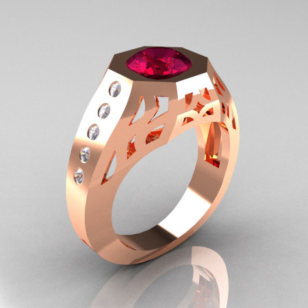 Gentlemens Modern Edwardian 14K Rose Gold 1.5 Carat Garnet Diamond Engagement Ring MR155-14KRGDG-1