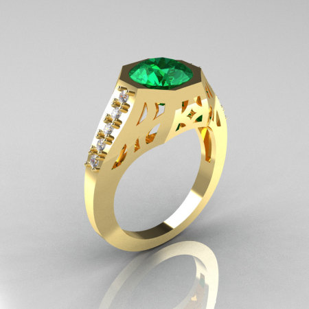 Modern Edwardian 18K Yellow Gold 1.5 Carat Emerald Diamond Engagement Ring R155-18KYGDEM-1