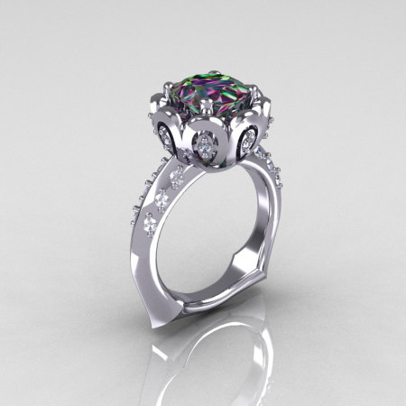 Classic 14K White Gold 3.0 Carat Mystic Topaz Diamond Greek Galatea Bridal Wedding Ring AR114-14KWGDMT-1