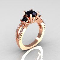 Modern French Bridal 14K Rose Gold Three Stone 1.0 Carat Black Diamond Accent White Diamond Engagement Ring R140-14RGDBD-1
