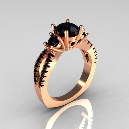 Modern French Bridal 14K Rose Gold Three Stone 1.0 Carat Black Diamond Engagement Ring R140-14RGBDD-1
